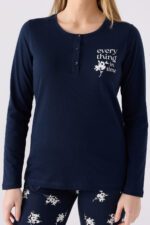 ⁦AR3056 طقم بيجاما قطن ربيعي للنساء قطعتين لون كحلي⁩ - الصورة ⁦4⁩