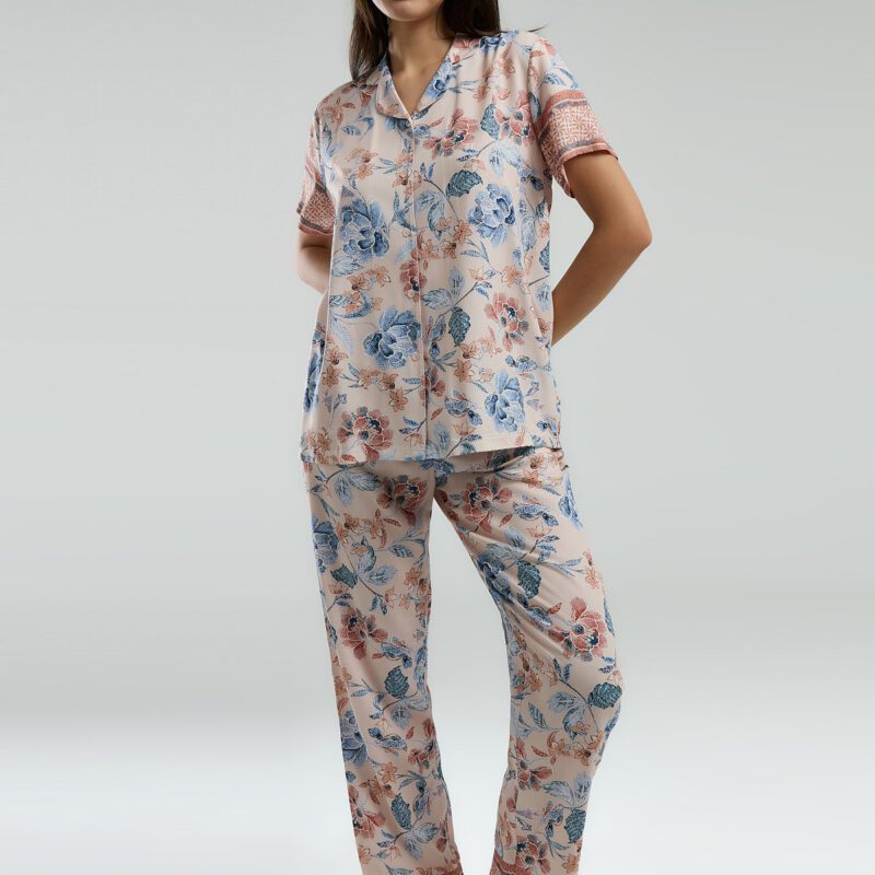 AR3201-S طقم بيجاما بأزرار قماش بارد لون بيج