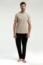 AR3334-S طقم بيجاما قطن للرجال قطعتين بلوز لون بيج مع بنطال لون اسود