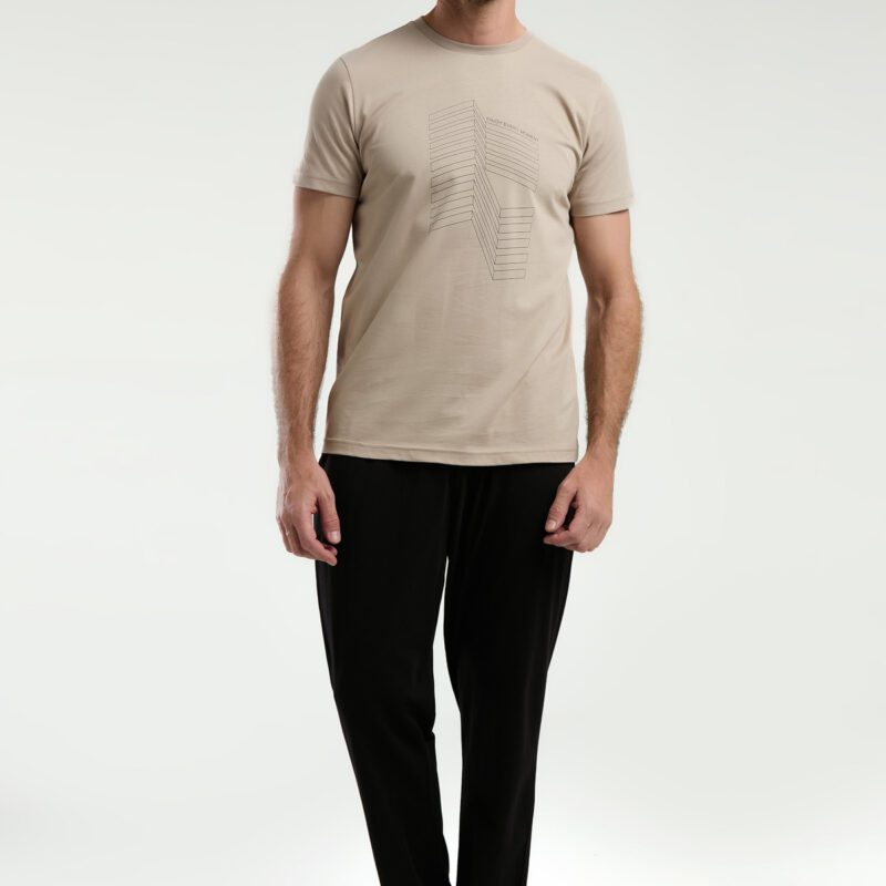 AR3334-S طقم بيجاما قطن للرجال قطعتين بلوز لون بيج مع بنطال لون اسود