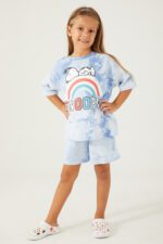 L1574 طقم شورت للفتيات قطن سنوبي لون ازرق سماوي