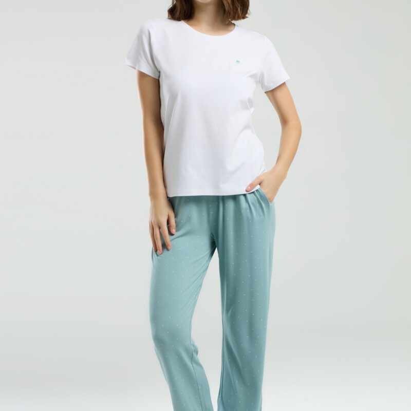 PC8983 PIERRE CARDIN طقم بيجاما قطن للنساء قطعتين بلوز لون ابيض مع بنطال لون فيروزي