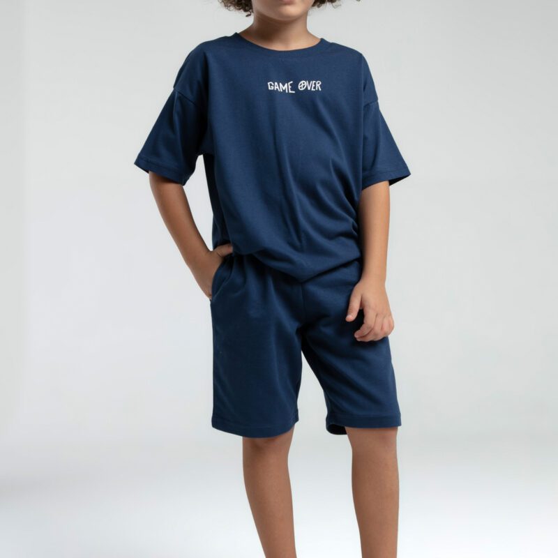 RP3572 طقم شورت للاولاد  قطن قطعتين كحلي