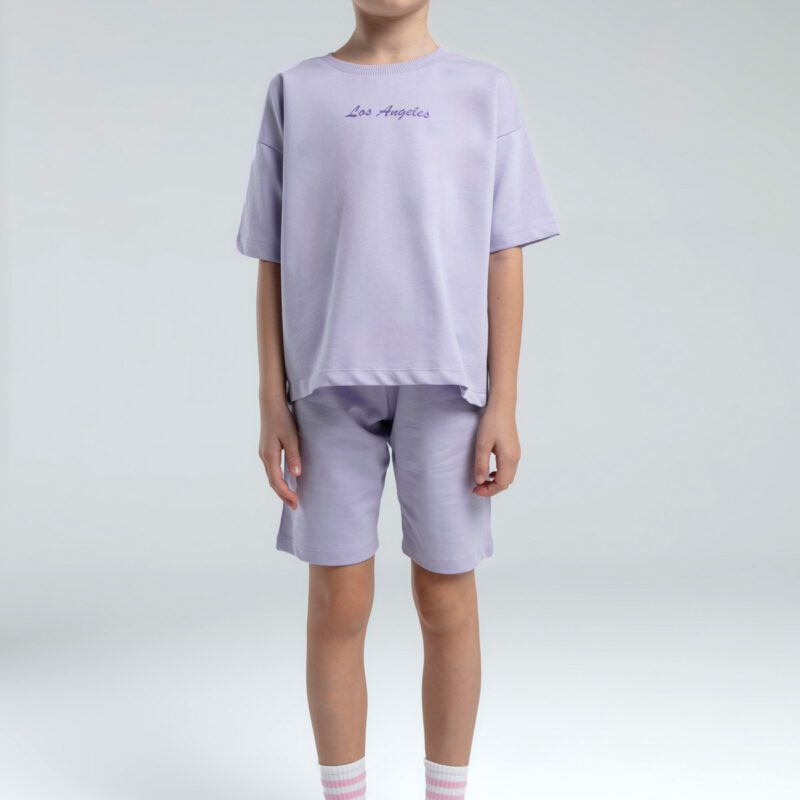 RP3590 طقم برمودا للفتيات قطن ثلاثة خيط لون ليلكي