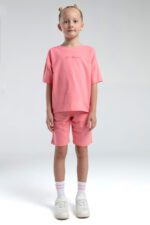 RP3590 طقم برمودا للفتيات قطن ثلاثة خيط لون وردي