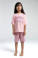 RP3620 طقم برمودا للفتيات قطن قطعتين لون زهري