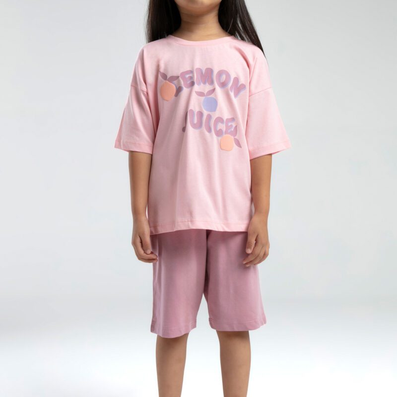 RP3620 طقم برمودا للفتيات قطن قطعتين لون زهري