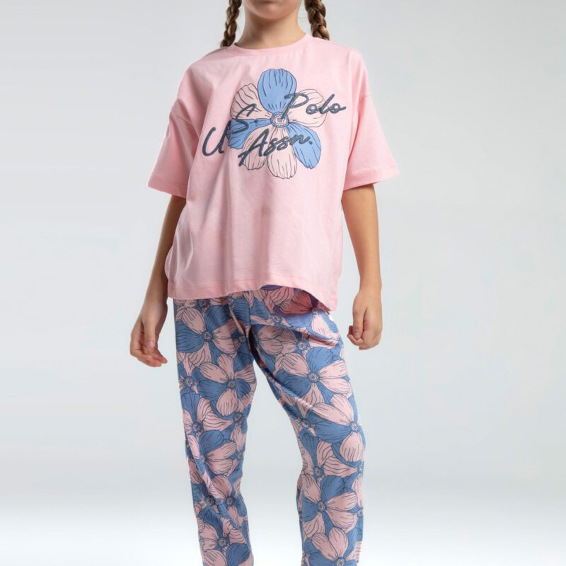 US2077 US POLO ASSN  طقم بيجاما قطن قطعتين للفتيات لون  زهري مع ازرق
