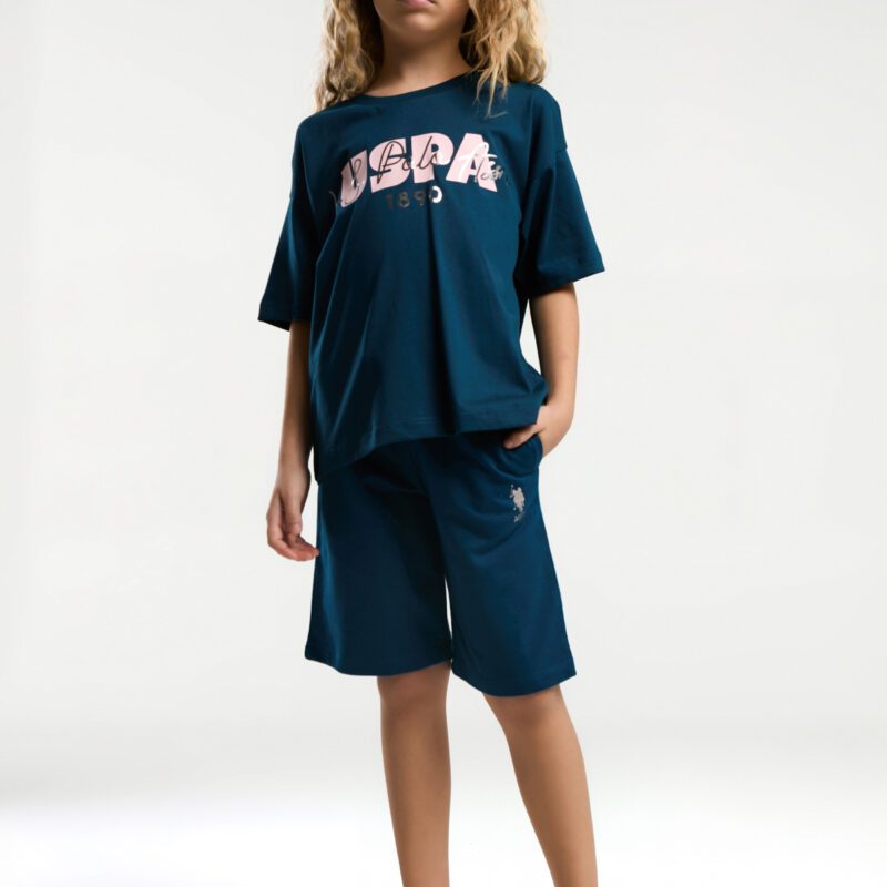 US2080 US POLO ASSN طقم شورت قطعتين للفتيات لون كحلي قطن