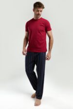 AR3352-S طقم بيجاما قطن للرجال قطعتين بلوز لون برغندي مع بنطال مقلم