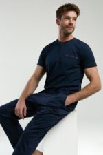 AR3354-S طقم بيجاما لون كحلي ثلاث قطع قطن للرجال مع علبة كرتون