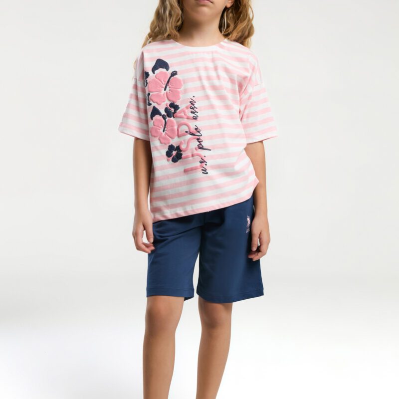 US2074  US POLO ASSN  طقم للبنات قطن شورت قطعتين لون زهري