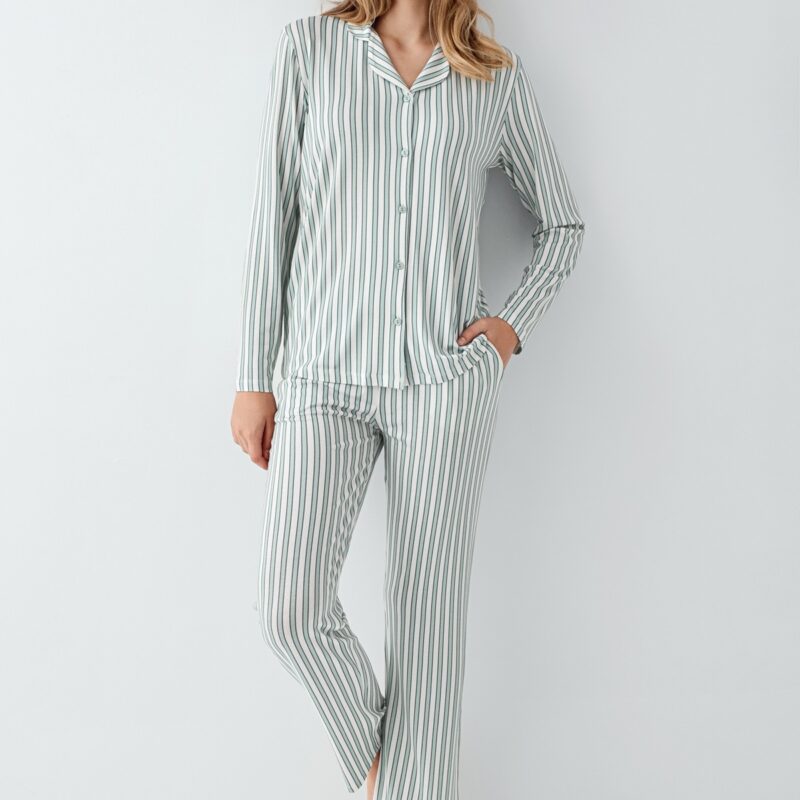 AR3408-S طقم بيجاما قطن بأزرار للنساء مخططة باللون الاخضر