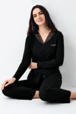 PC9116-S PIERRE CARDIN طقم بيجاما بأزرار  لون اسود قطن