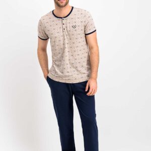 AR638-S # للرجال#  طقم بيجاما قطعتين -بنطال سادة كحلي مع بلوز افوايت مقلمة باللون الحكلي