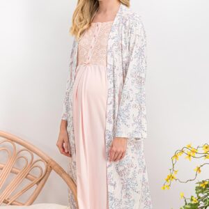 AR850-S # حوامل# طقم قميص نوم قصير -قطعتين- مع روب مورد لون زهري