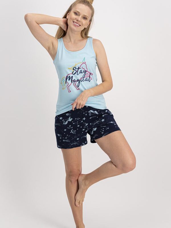 AR892-S طقم بيجاما -قطعتين- شورت قصير مرسوم لون اسود مع ازرق مع بلوز لون ازرق "Stay Magical"