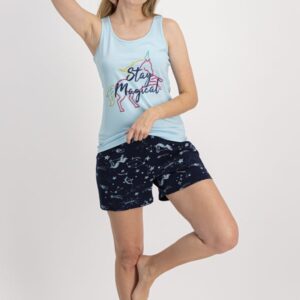 AR892-S طقم بيجاما -قطعتين- شورت قصير مرسوم لون اسود مع ازرق مع بلوز لون ازرق "Stay Magical"