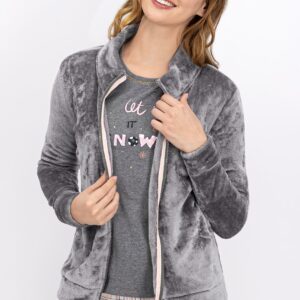 AR967-S طقم بيجاما -ثلاث قطع- مع جاكيت مخمل لون رمادي فاتح بنطال بنطال مقلم