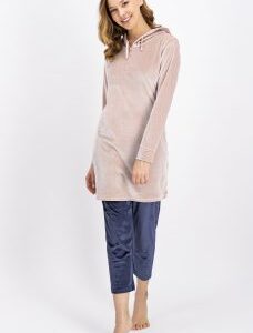 AR1022-S طقم بيجاما #مخمل# -قطعتين- بنطال لون كحلي مع بلوز طويل لون زهري بارد