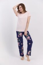 AR1413-S-V3 طقم بيجاما قطعتين بنطال مورد مع بلوز نصف كم زهري