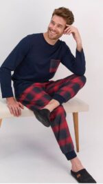 AR1572-S  طقم بيجاما قطعتين بلوز لون كحلي مع بنطال مقلم - الصورة 8