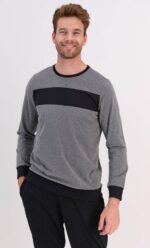 ⁦AR1599 طقم بيجاما قطعتين بلوز لون سكني مع خط عريض لون اسود وبنطال لون اسود⁩ - الصورة ⁦4⁩