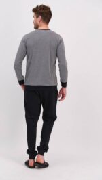 ⁦AR1599 طقم بيجاما قطعتين بلوز لون سكني مع خط عريض لون اسود وبنطال لون اسود⁩ - الصورة ⁦3⁩