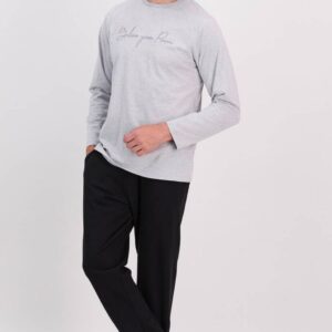 AR1595 طقم بيجاما قطعتين للرجال بلوز لون سكني فاتح مع بنطال لون اسود  "BELIEVE YOUR POWER"