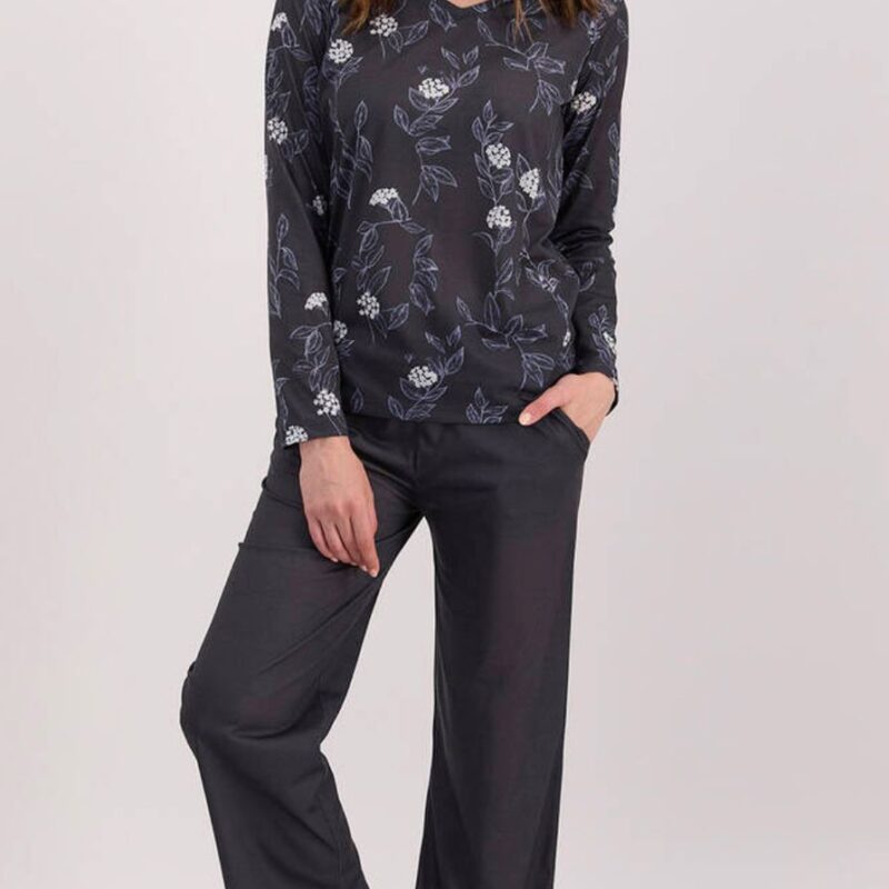 AR1487 طقم بيجاما قطعتين مع بلوز لون رمادي غامق وبنطال مرسوم بالورود