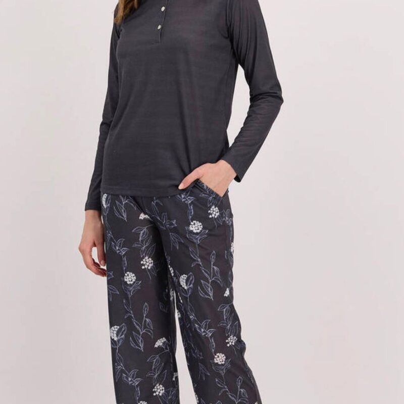 AR1487 طقم بيجاما قطعتين مع بلوز لون رمادي غامق وبنطال مرسوم بالورود