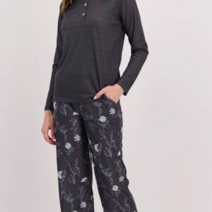 AR1487 طقم بيجاما قطعتين مع بلوز لون رمادي غامق وبنطال مرسوم بالورود