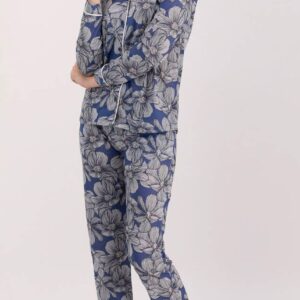 AR1476 طقم بيجاما قطعتين بأزرار مرسومة بالورود لون نيلي