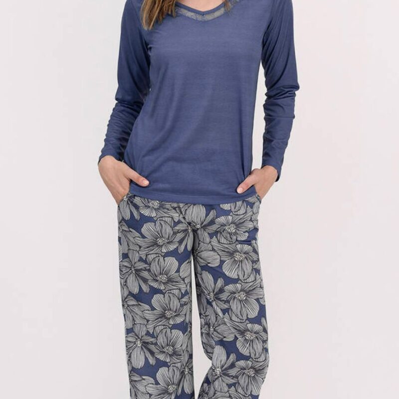 AR1475 طقم بيجاما قطعتين مع بنطال مرسوم بالورود لون نيلي