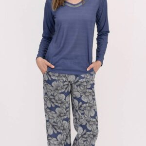 AR1475 طقم بيجاما قطعتين مع بنطال مرسوم بالورود لون نيلي