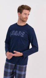 ⁦AR1573-S  طقم بيجاما قطعتين بلوز لون كحلي مع بنطال لون احمر مقلم⁩ - الصورة ⁦2⁩