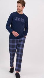 AR1573-S  طقم بيجاما قطعتين بلوز لون كحلي مع بنطال لون احمر مقلم