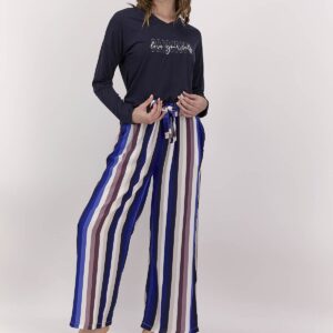 AR1481-S طقم بيجاما قطعين بتصميم فريد مع بنطال عريض مخطط طولي"ALWAYS LOVE YOUR SELF"