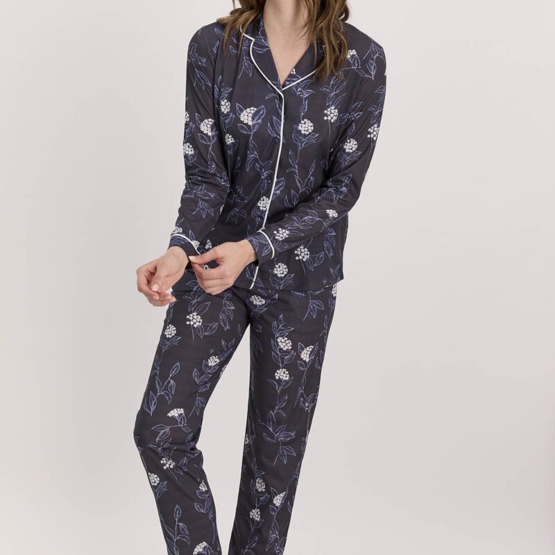 AR1488  طقم بيجاما قطعتين بأزرار مرسومة كاملا بالورود لون كحلي