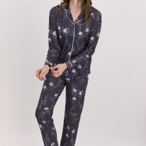 AR1488  طقم بيجاما قطعتين بأزرار مرسومة كاملا بالورود لون كحلي