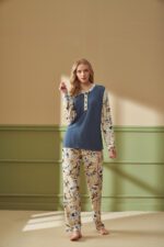 F-4280 طقم بيجاما شتوي قطعتين باكمام موردة مع ازرار