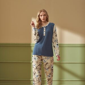 F-4280 طقم بيجاما شتوي قطعتين باكمام موردة مع ازرار