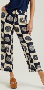 S22P148-PANTOLON- navy بنطال عريض خصر عالي مع جيوب