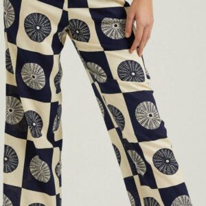 S22P148-PANTOLON- navy بنطال عريض خصر عالي مع جيوب