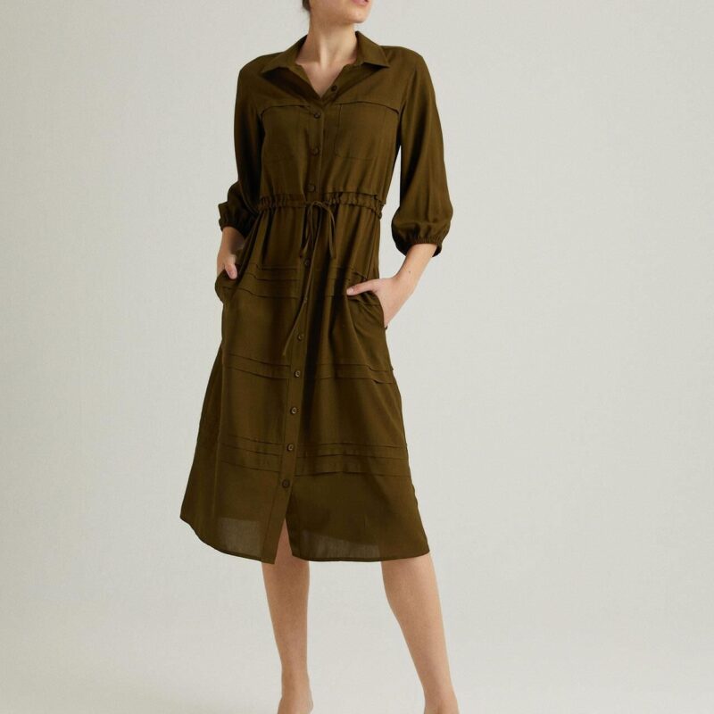 S22D365  فستان قميص ميدي لون زيتي