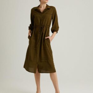 S22D365  فستان قميص ميدي لون زيتي