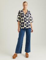 ⁦S22G203-GOMLEK NAVYقميص كتان نصف كم بأزرار  منقوش⁩ - الصورة ⁦5⁩