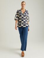 ⁦S22G203-GOMLEK NAVYقميص كتان نصف كم بأزرار  منقوش⁩ - الصورة ⁦4⁩