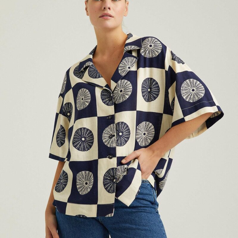 S22G203-GOMLEK NAVYقميص كتان نصف كم بأزرار  منقوش