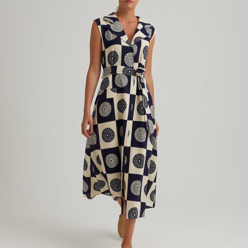 S22D424-فستان قميص من دون اكمام كتان منقوش